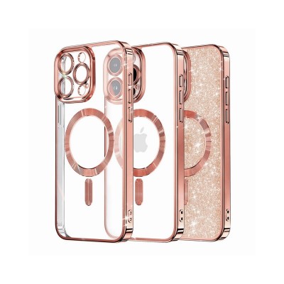 Husa iPhone 15 Pro, Crystal Glitter MagSafe cu Protectie La Camere, Rose Gold